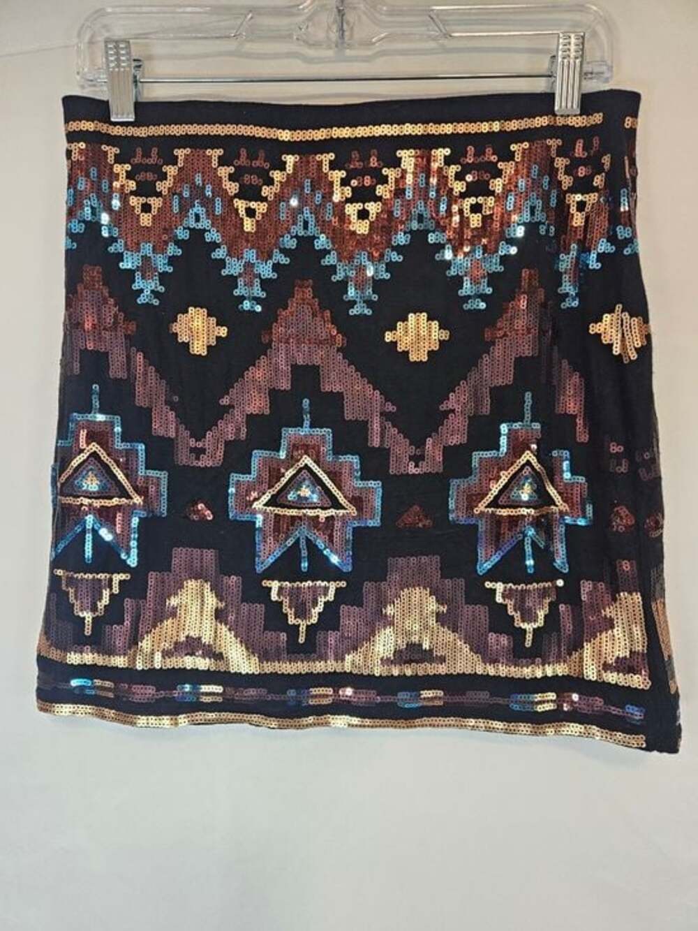 Rock & Republic Black Sequin Mini Skirt with Gold & Blue Accents Western